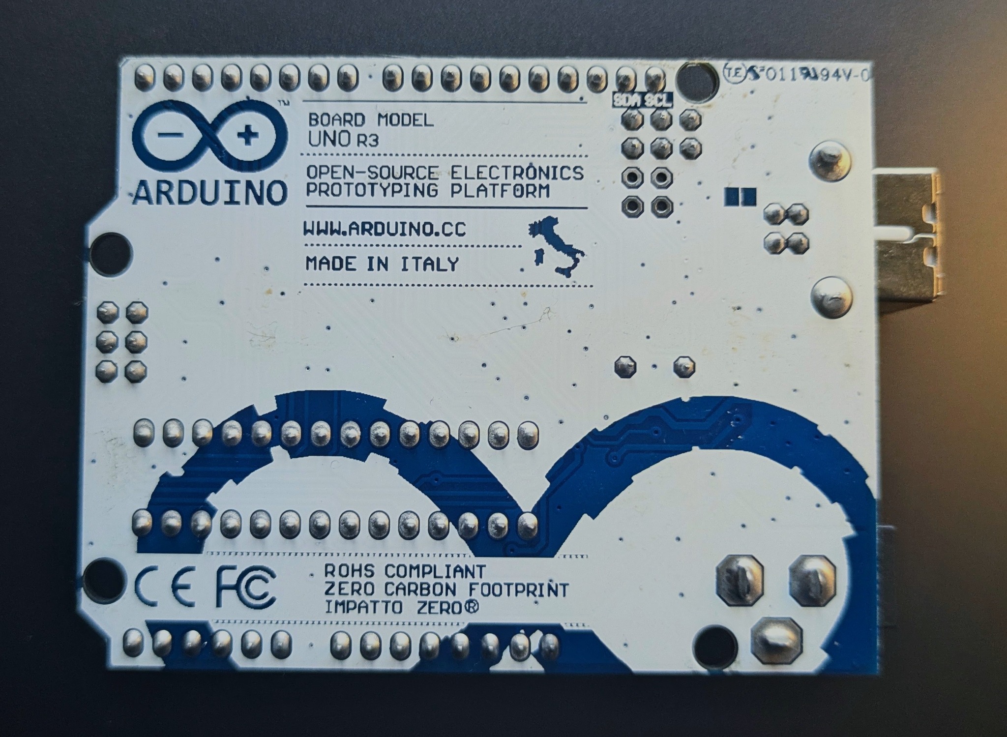Arduino Uno R3 board underside