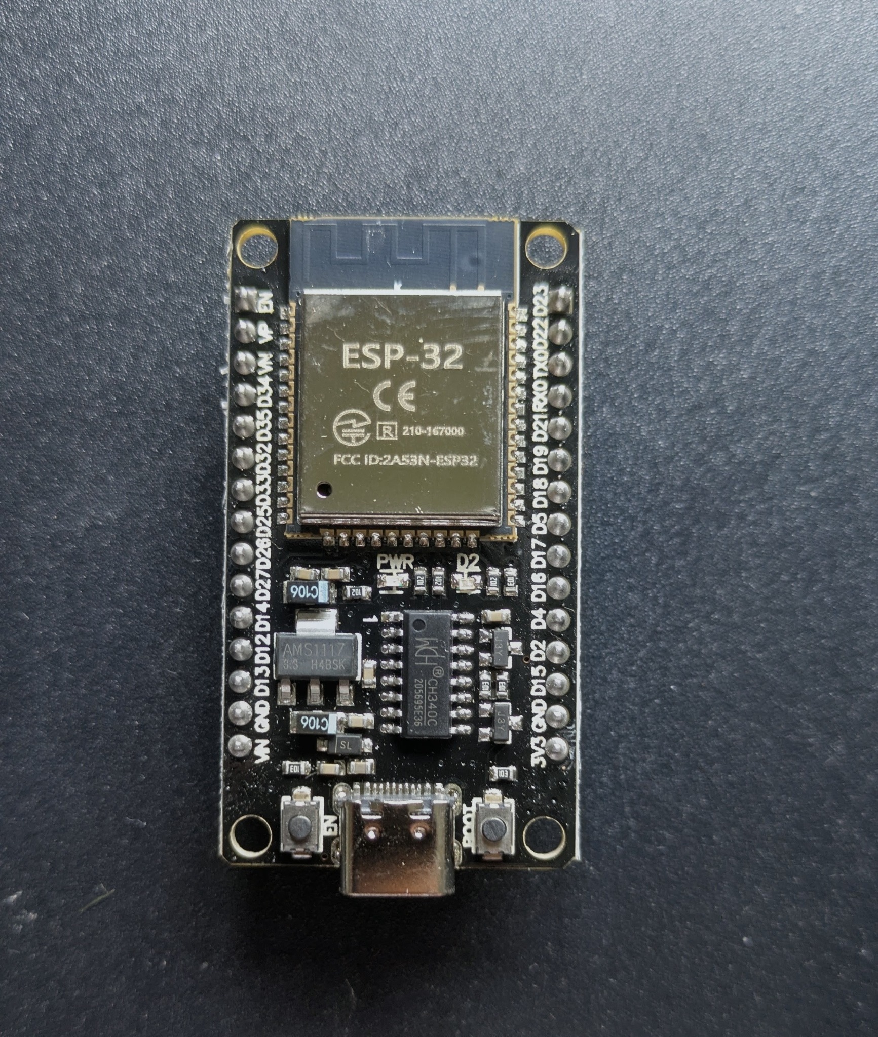 Close-up of ESP32 module and pins